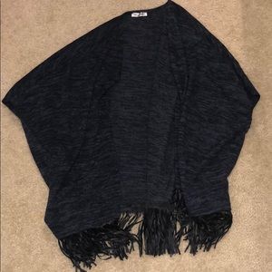 navy blue open cardigan with black leather fringe